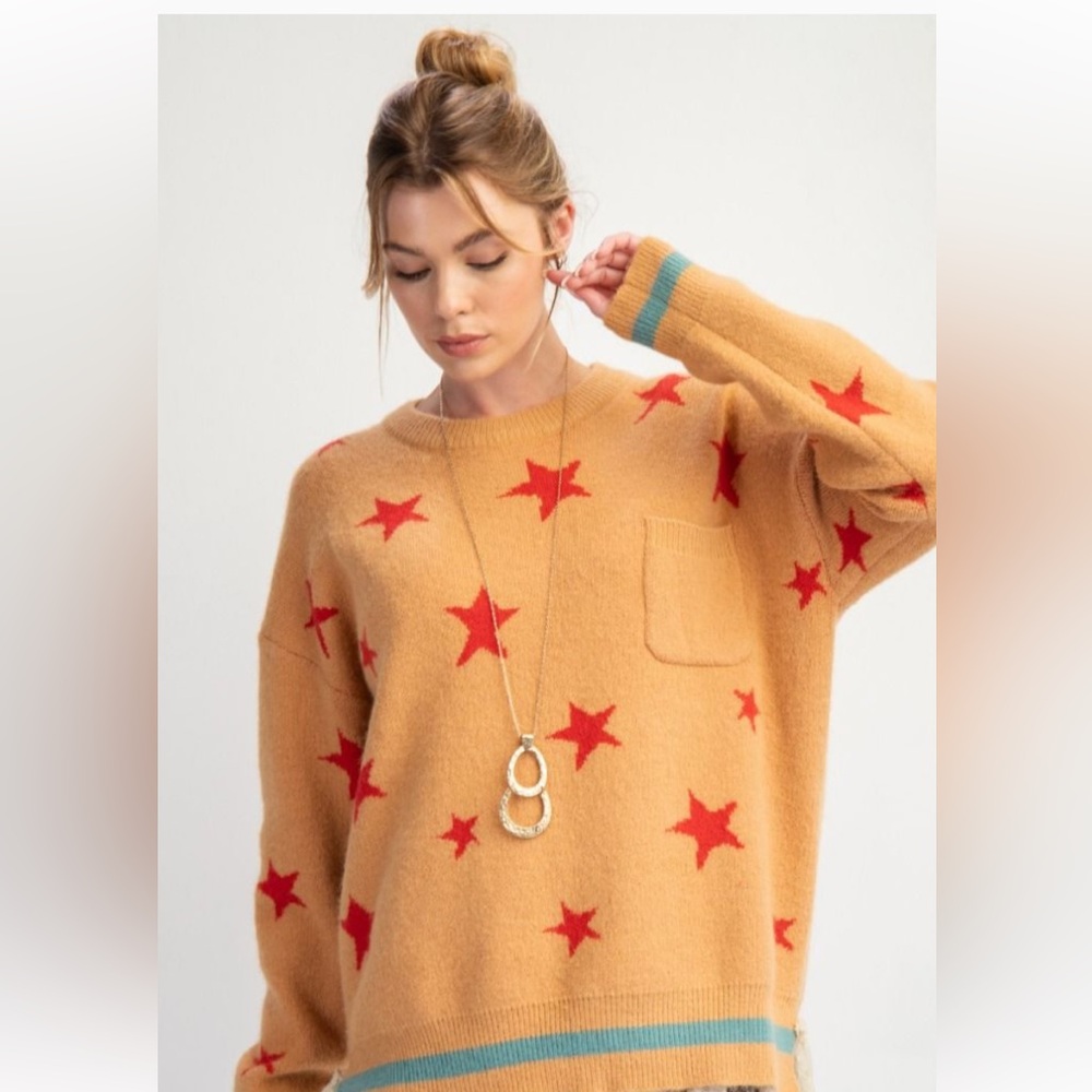 easel Mustard Star-Print Sweater with Red Stars